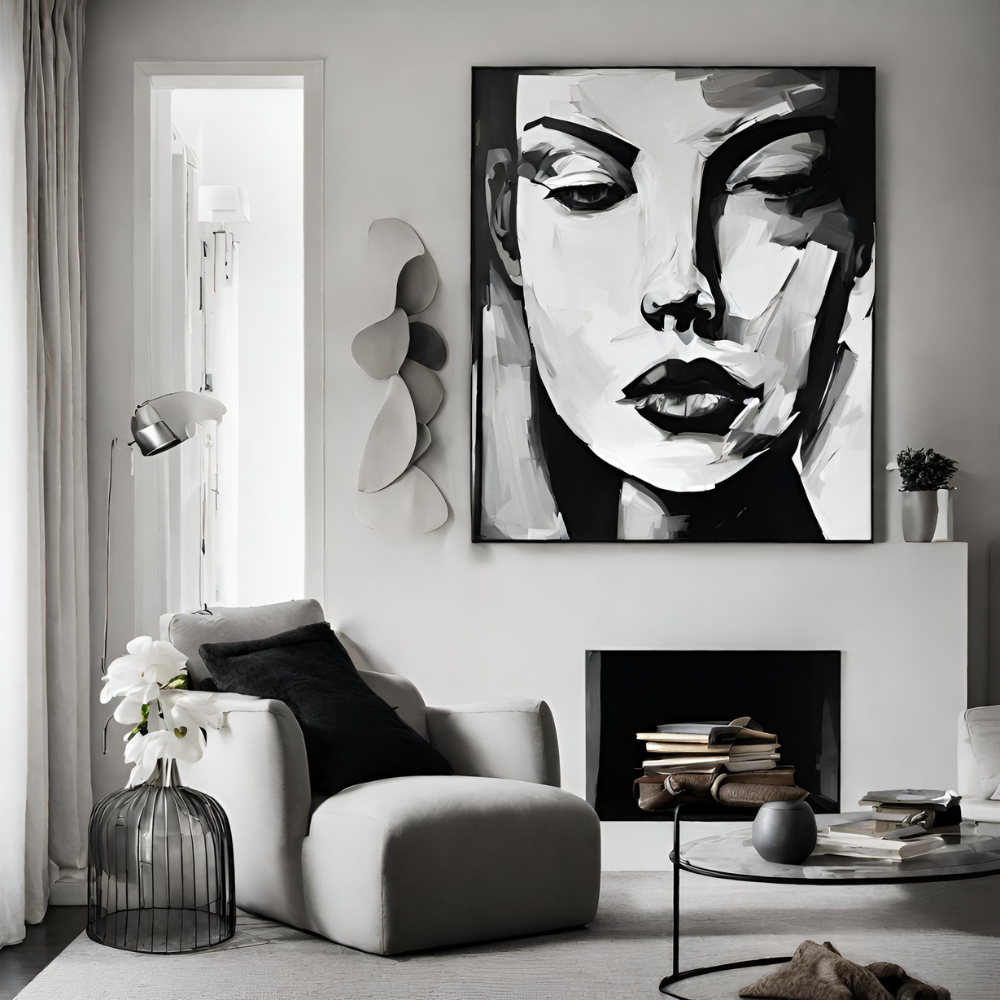 black and white artwork of a human face on a canvas in a living room over a fireplace