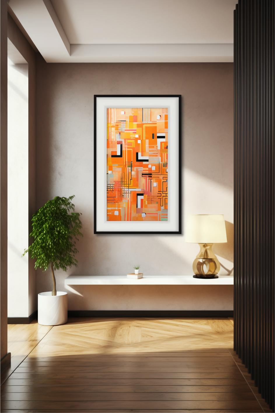 abstract framed atrwork on a white wall in a living room