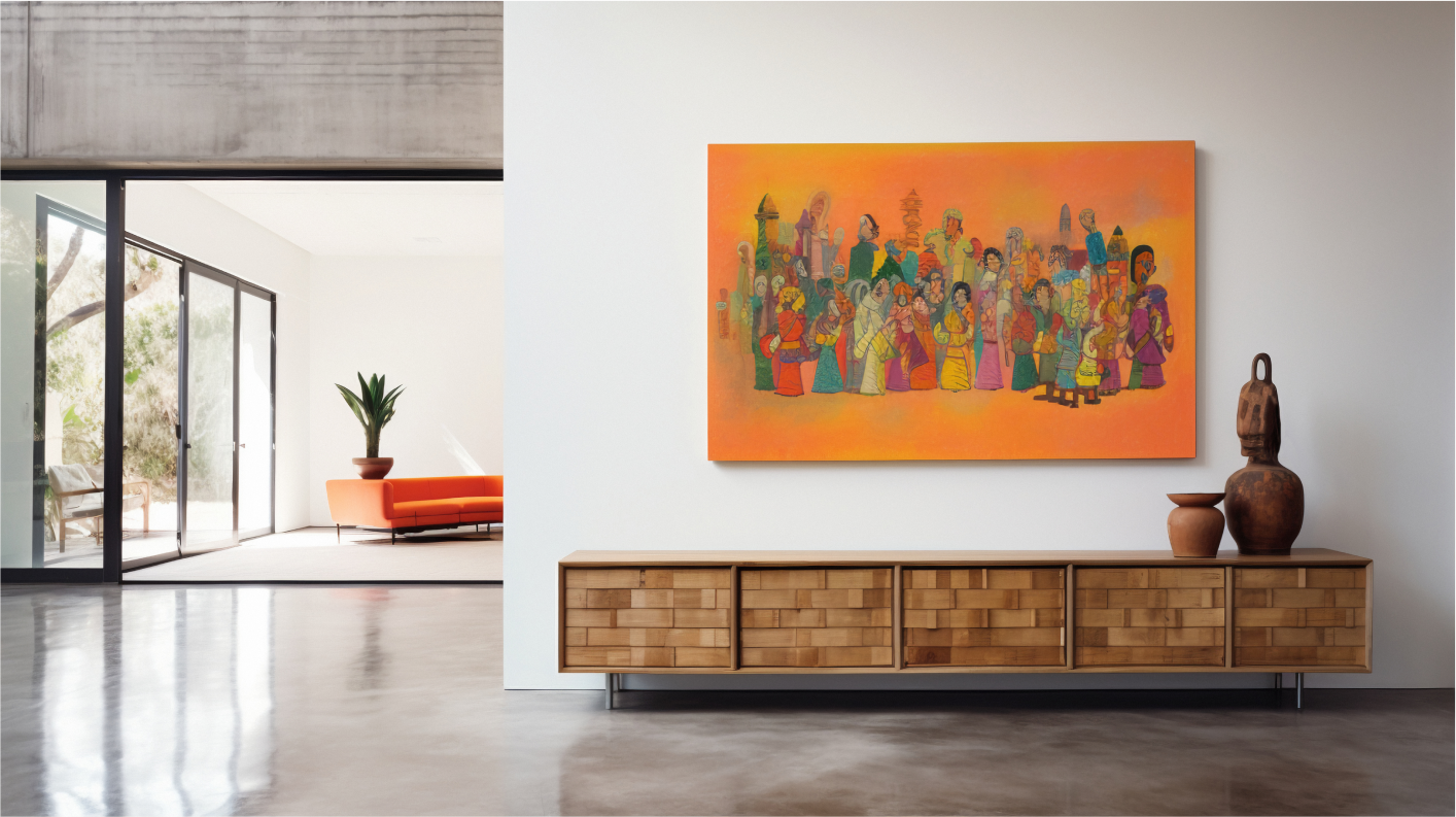 orange artwork on a wall over a wooden table